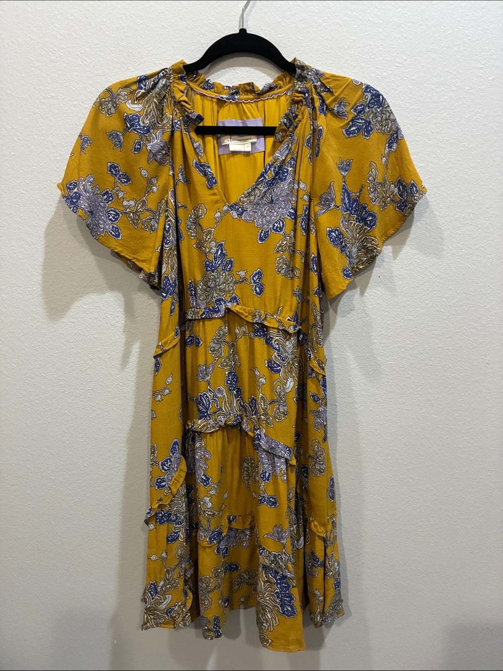 Anthropologie Mustard Floral Ruffle Midi Dress